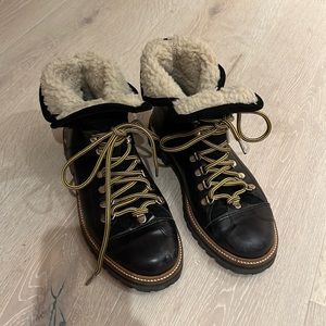 Ganni Black Leather Shearling lined lace up boots